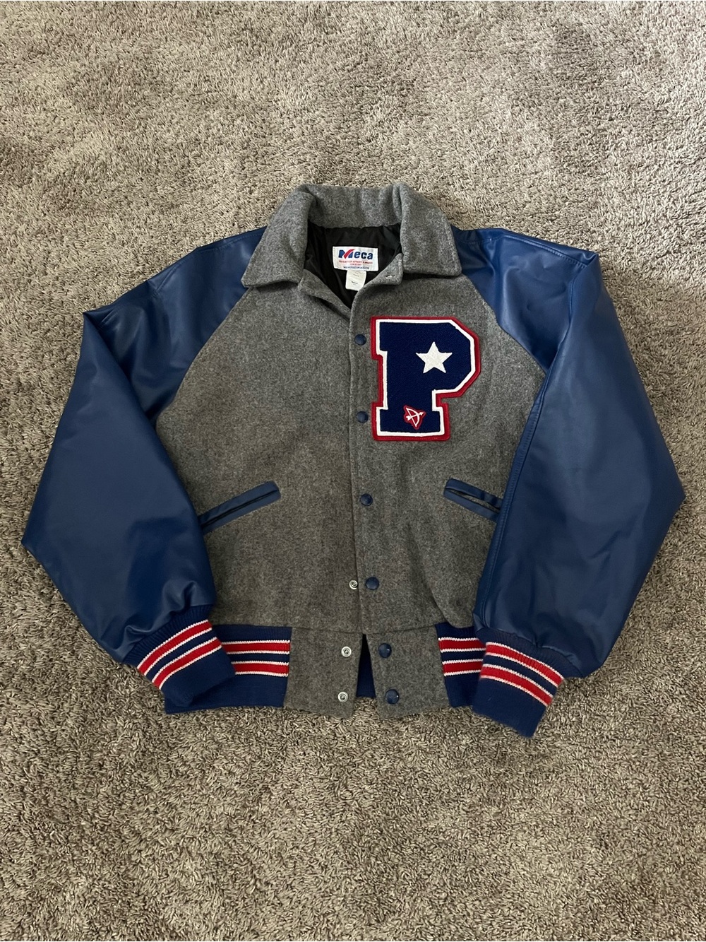Vintage Men’s Meca Letterman Varsity Jacket Grey/Blue Men Size Medium Wool